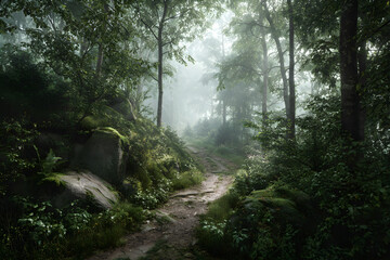 Obraz premium Serenity Awaits: Discover the Mystical Allure of a Dusty Trail through Enchanted Woods in Tranquil Settings