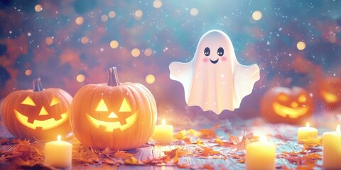 Whimsical ghost floating gently above carved pumpkins and twinkling candlelight, pastel tones, Halloween cute Stock photo