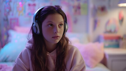 Girl wearing headphones. picture of a teen with noise-canceling headphones in a pastel-drenched pink and mint pastel colors bedroom classroom.