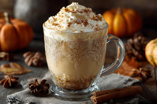 Pumpkin spice latte in a glass mug