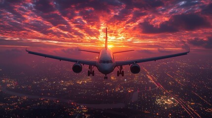 Majestic Sunset Flight: Airplane Descending Over Cityscape