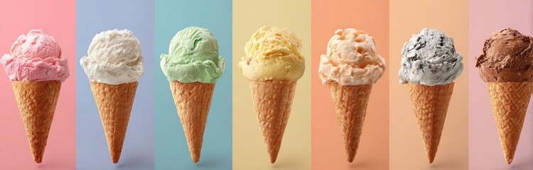 Assorted ice cream scoops in waffle cones, presented against a colorful pastel background
