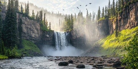 Wildlife perspective: waterfall pounding into natural basin, with birds and mist in pine forest Stock photo