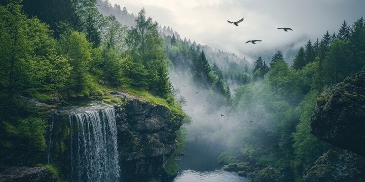 Wildlife perspective: waterfall pounding into natural basin, with birds and mist in pine forest Stock photo