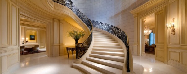 Elegant spiral staircase luxurious mansion interior design opulent environment captivating viewpoint sophisticated concept
