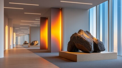 Sculptural art installation modern gallery contemporary art urban environment wide angle view minimalist aesthetic