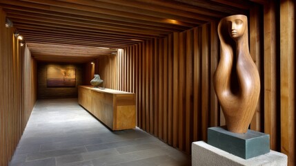 Artistic expression in modern architecture hallway indoor gallery sculptural display contemporary design perspective view aesthetic journey