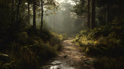 Obraz premium Serenity Awaits: Discover the Mystical Allure of a Dusty Trail through Enchanted Woods in Tranquil Settings