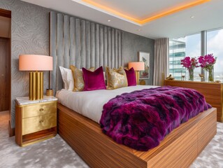 Luxurious bedroom design featuring plush accents modern high-rise interior photography cozy environment aesthetic viewpoint