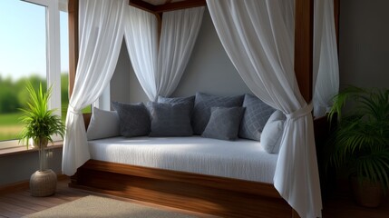 Relaxing canopy daybed in bright indoor space cozy home decor modern design inviting atmosphere elegant view