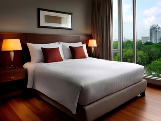 Cozy room design featuring serene hotel bedroom with scenic view urban environment lifestyle photography