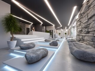 Modern interior design showcase contemporary spa 3d render minimalist setting wide angle tranquility and relaxation