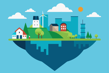 Naklejka premium Vector illustration of a city landscape with a house, trees, and sky