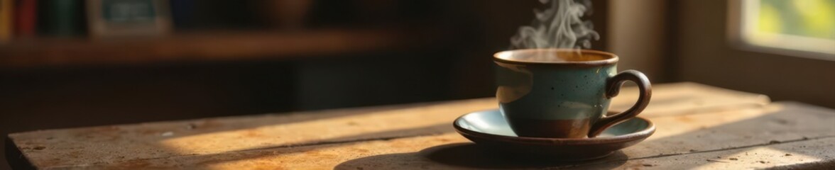 A steaming coffee in a rustic mug rests on a worn wooden table, Friday morning ambiance , rustic, coffee