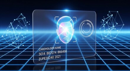 Futuristic Face Recognition Card with Holographic Elements and Grid Background