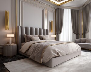 Elegant bedroom design modern apartment interior photography luxurious environment wide angle view comfort and style