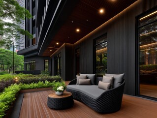 Modern outdoor lounge area urban apartment complex photography stylish design serene atmosphere contemporary aesthetic