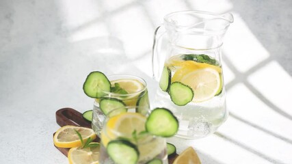 Fresh detox water with lemon, cucumber, and mint is displayed in clear glasses and a pitcher on a bright surface.