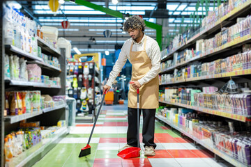 Supermarket staff member cleaning the floor with a broom and dustpan, ensuring cleanliness and hygiene within a brightly lit grocery store aisle with shelves stocked with various products.
