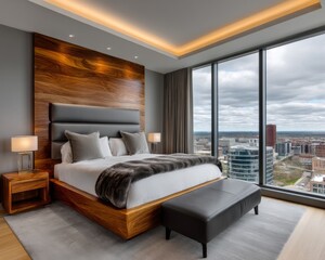 Modern bedroom design in urban high-rise interior photography contemporary style bright natural light