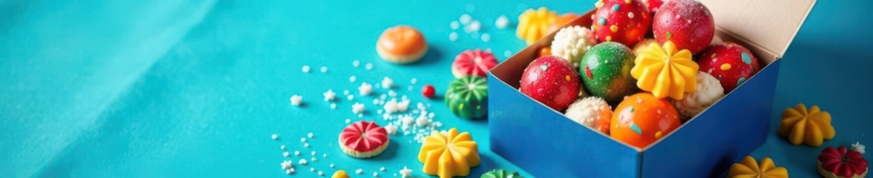 Blue box filled with colorful Sinterklaas treats; festive Dutch holiday flatlay , top view, winter, Sinterklaas