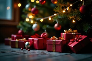 Obraz premium Brightly lit Christmas scene, presents under tree, festive garland , ornaments, interior design, design