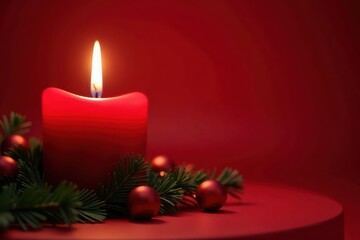 Burning candle in festive red Christmas setting, macro, spiritual, burning