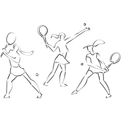 tennis player silhouette. Girls are plaing tennis. hand drawn sketch