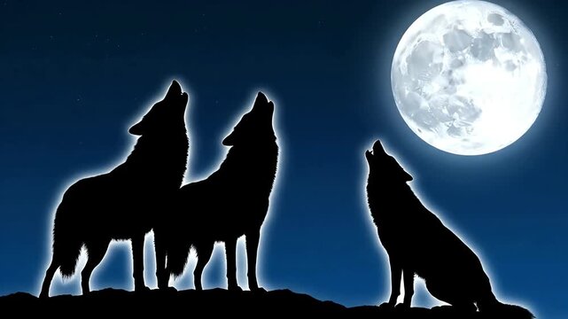 Three Wild Wolves Howling at the Full Moon on a Starry Night Sky Majestic Canine Silhouettes in Wilderness Eerie Nature Scene Wild Animal Pack