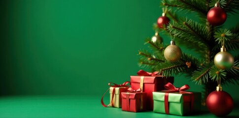 Close-up of decorated Christmas tree, gifts Green background , closeup, yuletide