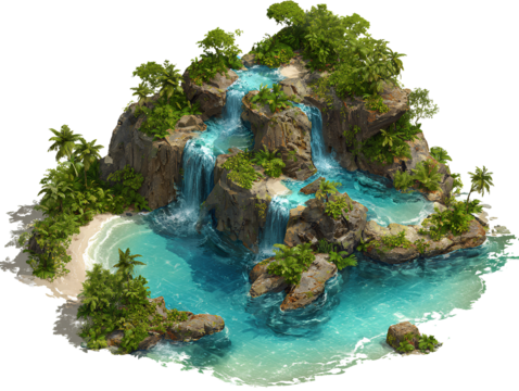  Lush tropical island with cascading waterfalls isolated on transparent background