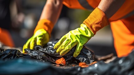 Waste management workers collecting litter urban area action photography daylight close-up environmental awareness