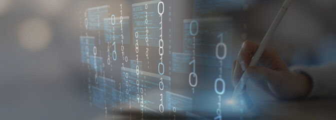 Binary Code and Digital Data Streams Displayed on Futuristic Transparent Interface.