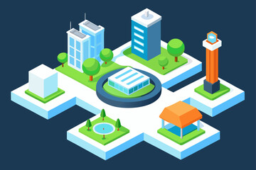 An urban design with an isometric vector illustration of a city set with buildings, houses, and skyscrapers