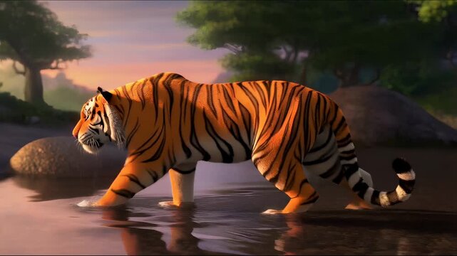 sumatran tiger crossing a shallow river at dusk, Generative AI.
