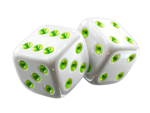Pair of white dices with green dots isolated on transparent background