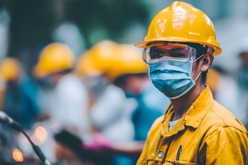 Industrial worker wearing protective mask in factory