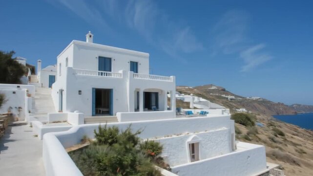 Whitewashed Villa on a Beach Cliff Overlooking the Sea. 4k videos