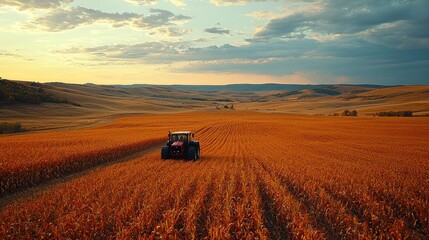Naklejka premium Harvest Sunset: Tractor in Golden Field