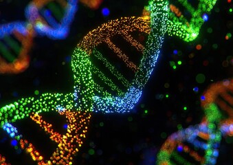 Colorful DNA strand, glowing particles