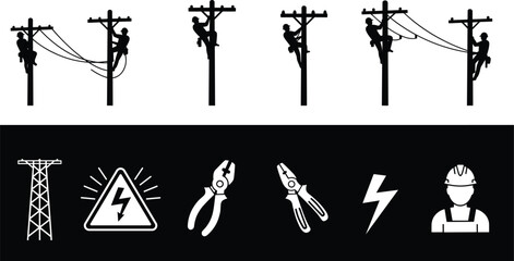 Electric lineman working on power poles, utility tools and safety icons, electricity maintenance vector illustration, black and white electrician concept