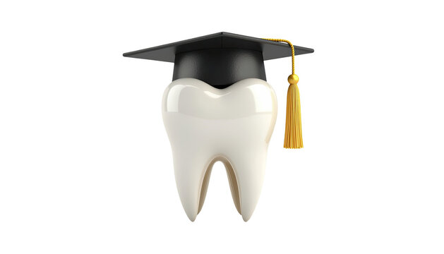 Human teeth wearing graduation cap dental education success concept isolated on white background