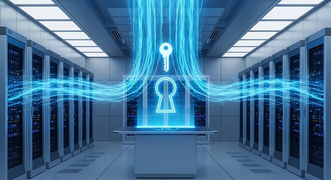 Futuristic Server Room with Digital Keyhole Access