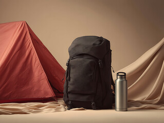 Black backpack and red tent with stainless steel water bottle