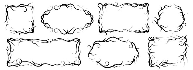 Collection of barbed wire and thorny frame vectors in various shapes, including round, curly, wavy, and sharp silhouettes. Wreath-style borders ideal for horror, Halloween, or dramatic design themes. © Tetiana Kubara
