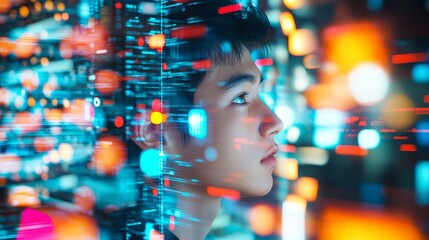 asian male student in profile, studying artificial intelligence, neon matrix background, futuristic science concept, close-up portrait, abstract lights, vertical composition with copy space