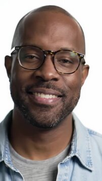 A confident adult african american man with a short beard and round eyeglasses smiles genuinely, wearing a denim shirt and grey t-shirt, framed centrally against a bright white studio background with