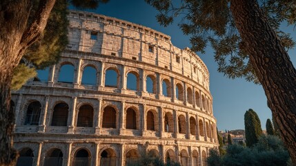 Rome's Colosseum Through a Frame of Trees at Golden Hour Glory