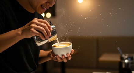 Barista crafting perfect latte art coffee shop photography cozy environment close-up culinary delight