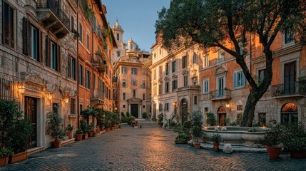 Fototapeta premium Charming Courtyard with Fountain and Historic Buildings in Rome, Italy